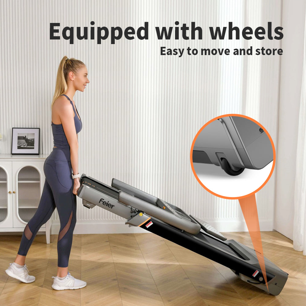 The folded treadmill moves on wheels