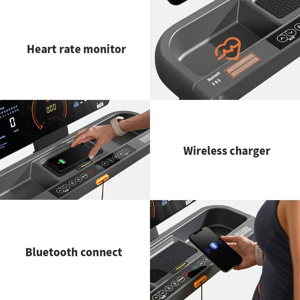 Shows the intelligent functions of the Feier treadmill star 100. It can monitor heart rate in real time and is equipped with wireless charging, Bluetooth connection, and Bluetooth speakers.