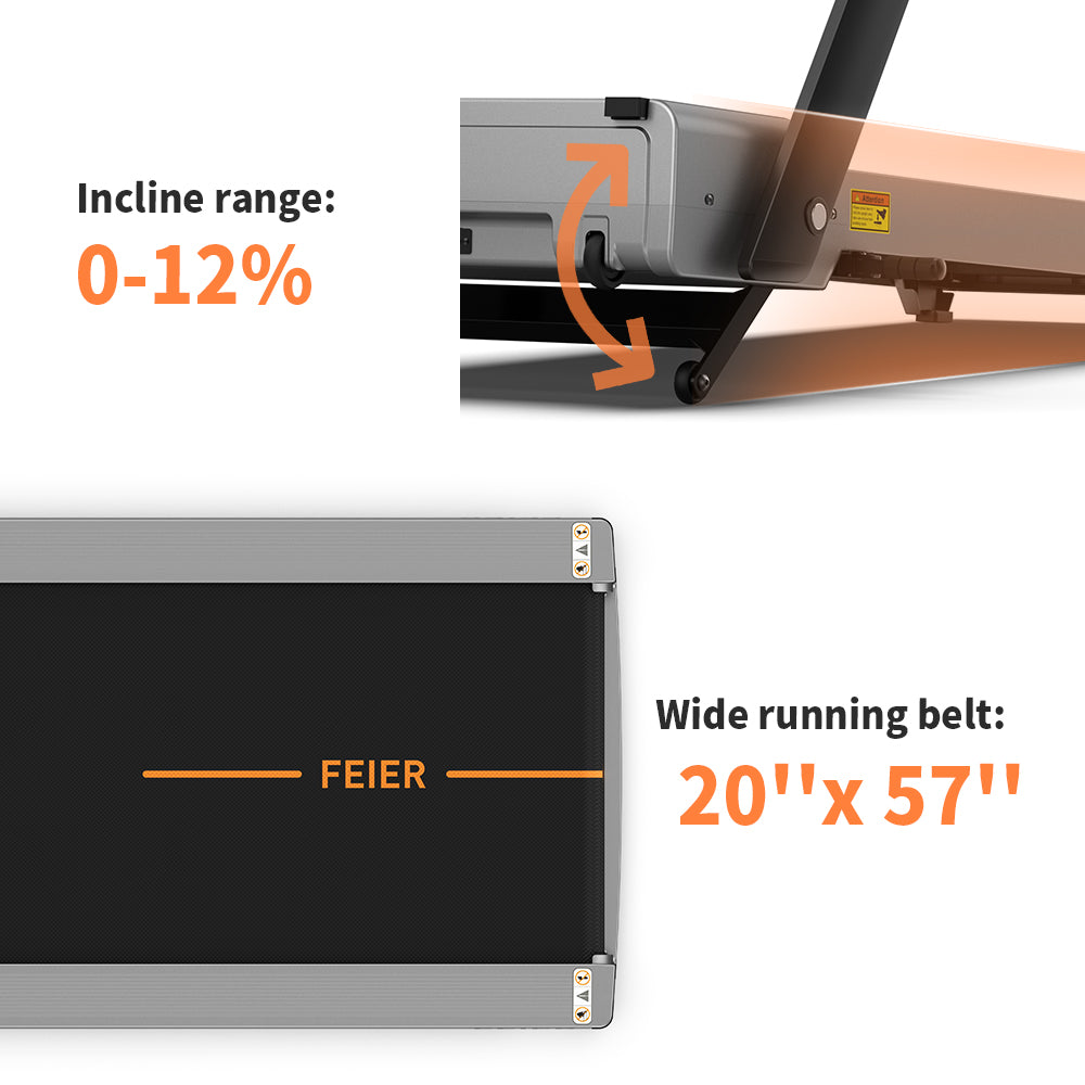 Showing wheel design and 20''x 57'' wide running belt of Feier Star 100 treadmill 