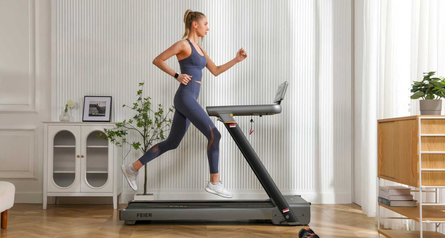 A woman is using a Feier Star 100 foldable treadmill at home